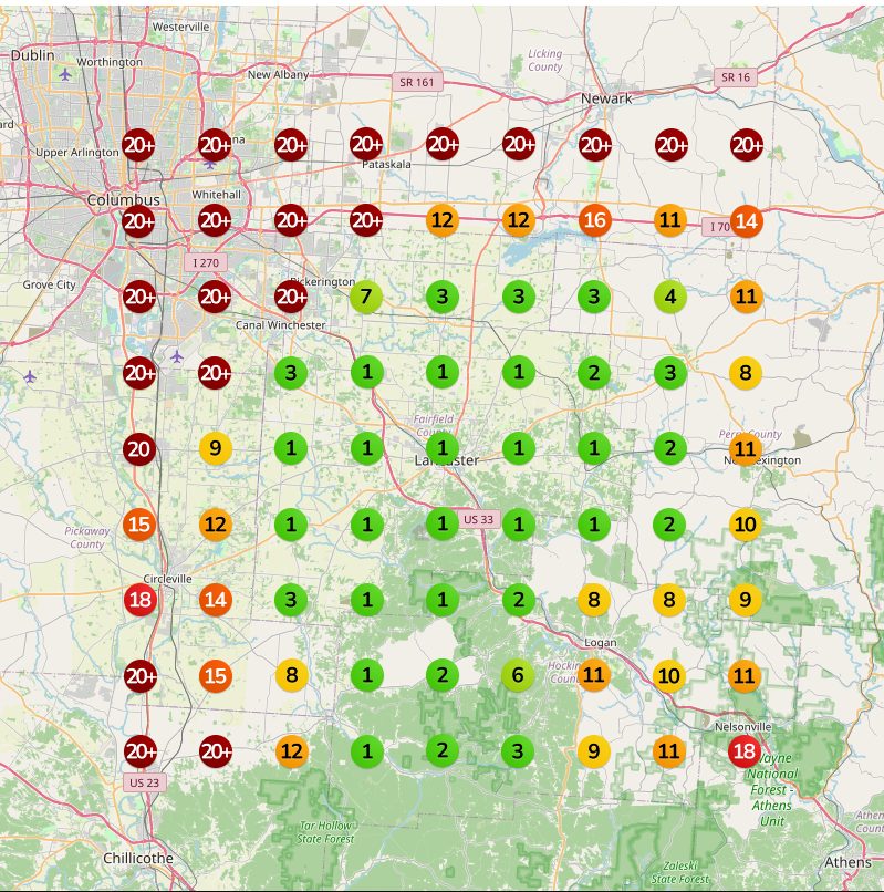 The same search before: top three only in the cells nearest the office, 20+ toward Columbus.