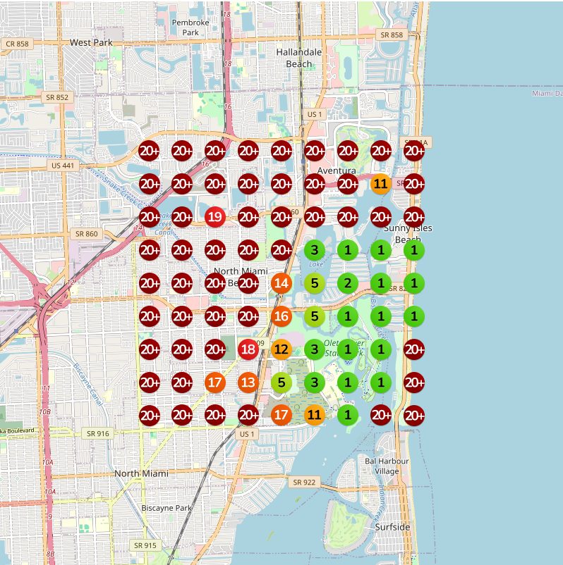 The same grid seven months earlier: outside the top twenty across most of the area.