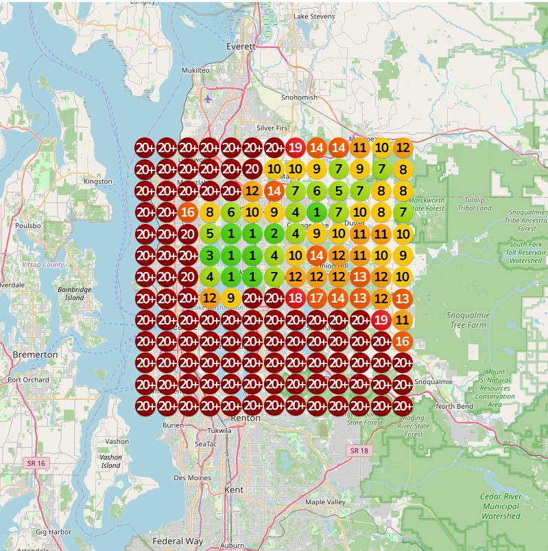 The same search at the start: 20+ across Seattle and the Eastside, top ten only near the office.